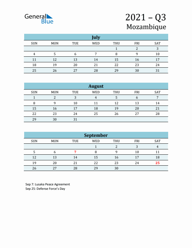 Three-Month Planner for Q3 2021 with Holidays - Mozambique