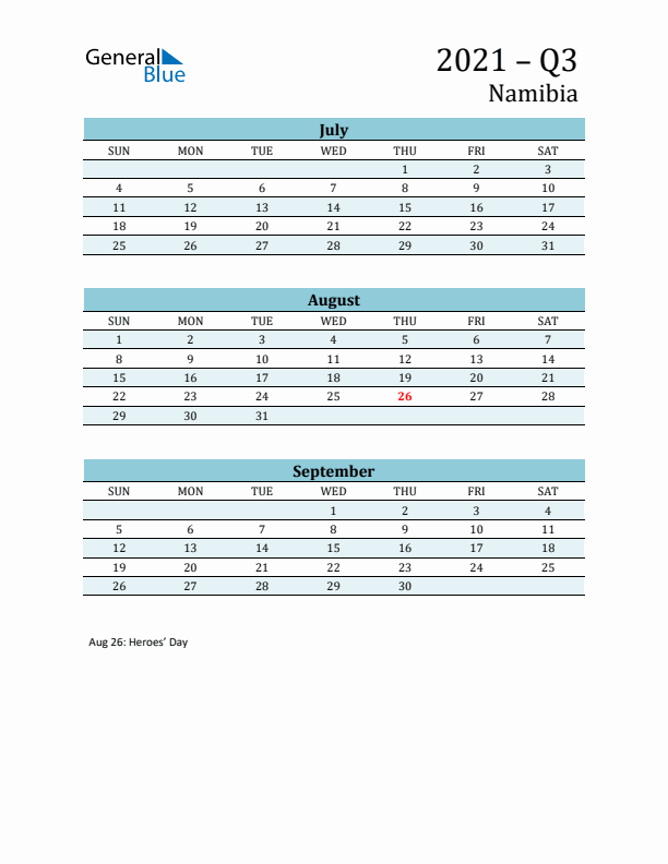 Three-Month Planner for Q3 2021 with Holidays - Namibia