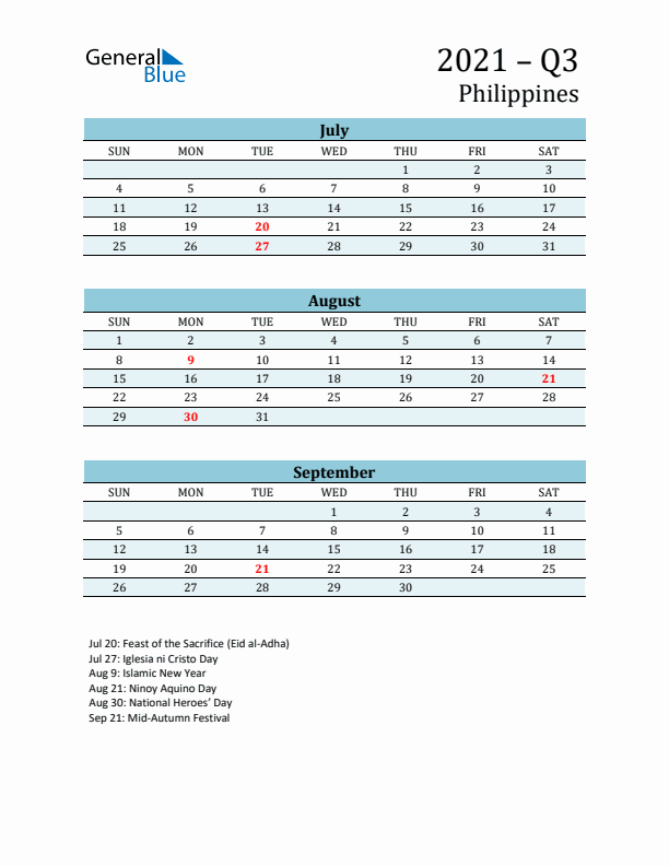 Three-Month Planner for Q3 2021 with Holidays - Philippines