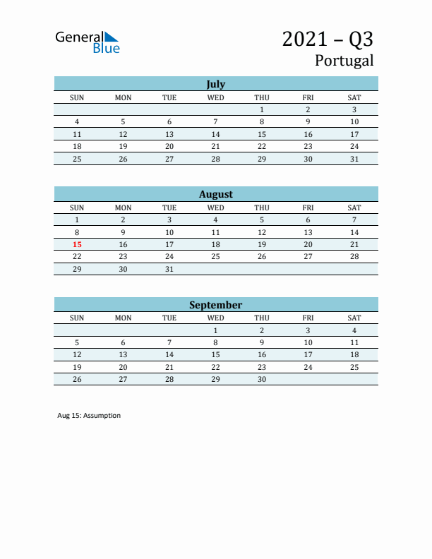 Three-Month Planner for Q3 2021 with Holidays - Portugal