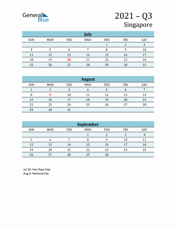 Three-Month Planner for Q3 2021 with Holidays - Singapore