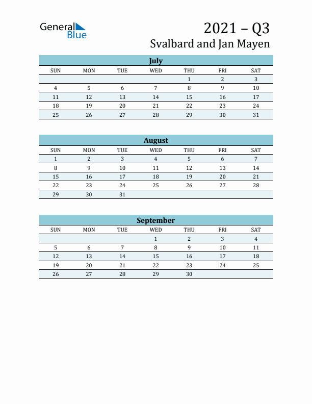 Three-Month Planner for Q3 2021 with Holidays - Svalbard and Jan Mayen