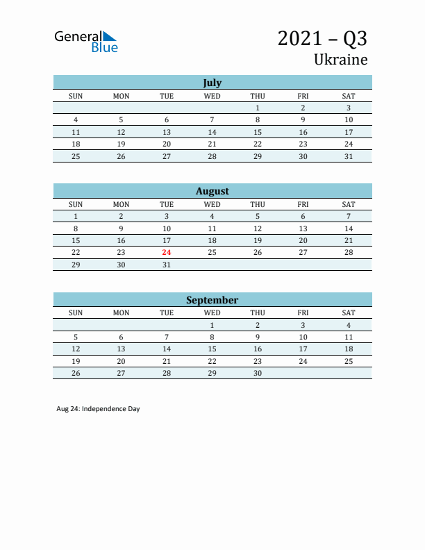 Three-Month Planner for Q3 2021 with Holidays - Ukraine