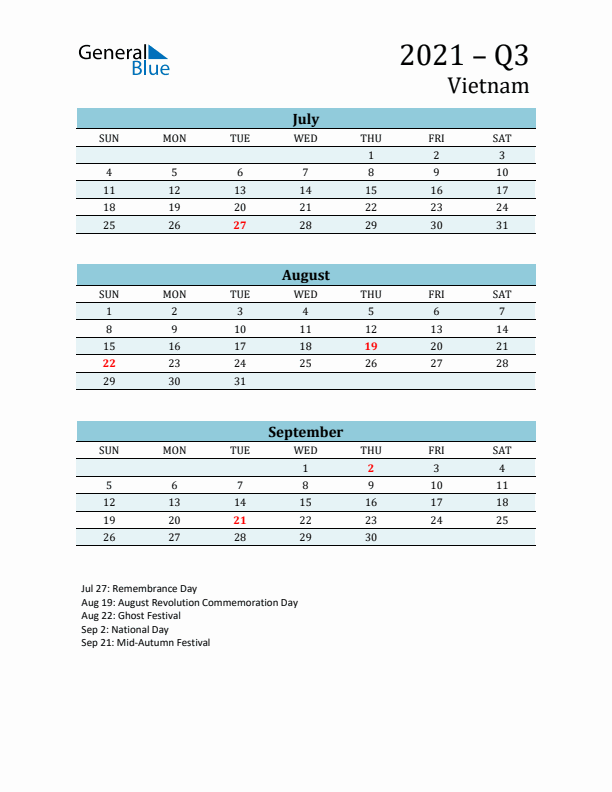 Three-Month Planner for Q3 2021 with Holidays - Vietnam