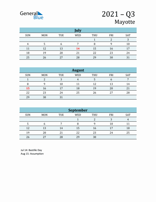 Three-Month Planner for Q3 2021 with Holidays - Mayotte