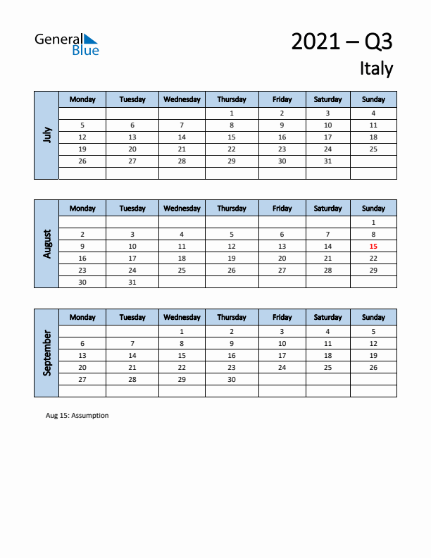 Free Q3 2021 Calendar for Italy - Monday Start