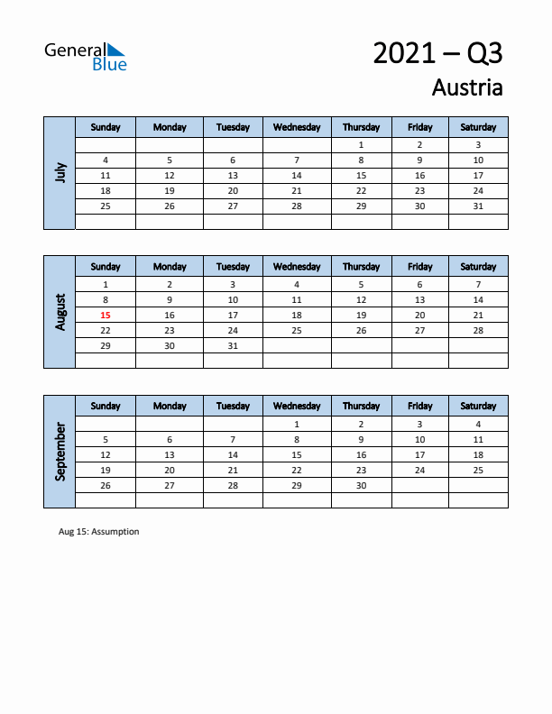 Free Q3 2021 Calendar for Austria - Sunday Start