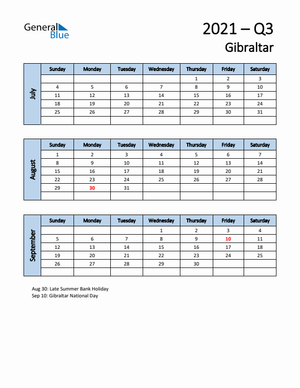 Free Q3 2021 Calendar for Gibraltar - Sunday Start