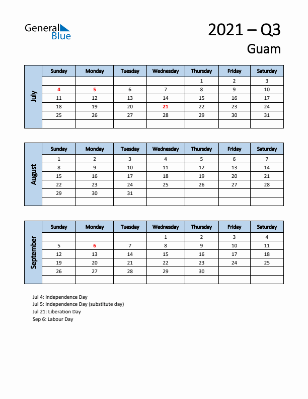 Free Q3 2021 Calendar for Guam - Sunday Start