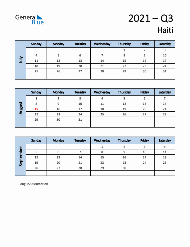 Free Q3 2021 Calendar for Haiti - Sunday Start