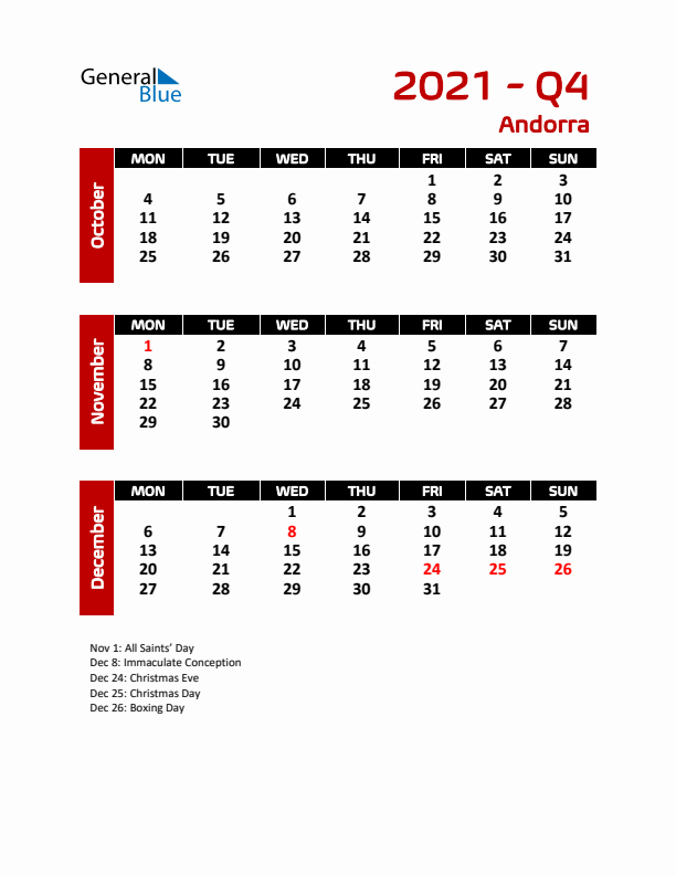 Q4 2021 Calendar with Holidays in Andorra