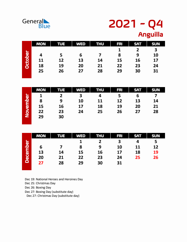 Q4 2021 Calendar with Holidays in Anguilla