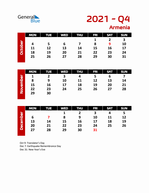 Q4 2021 Calendar with Holidays in Armenia