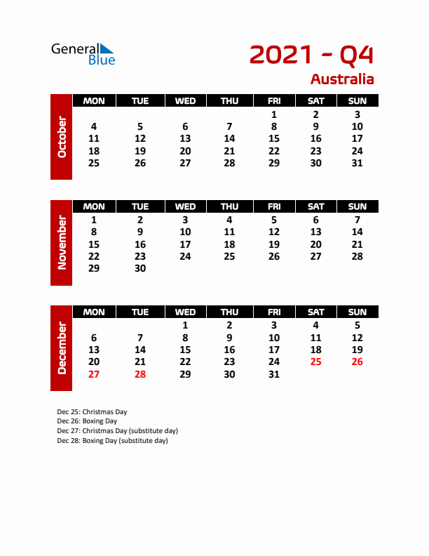 Q4 2021 Calendar with Holidays in Australia