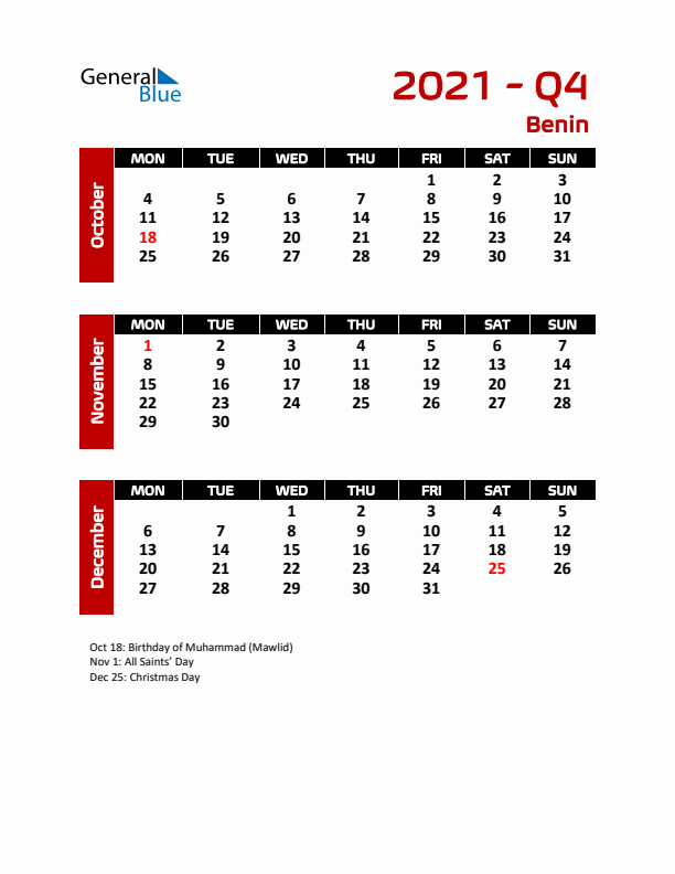 Q4 2021 Calendar with Holidays in Benin