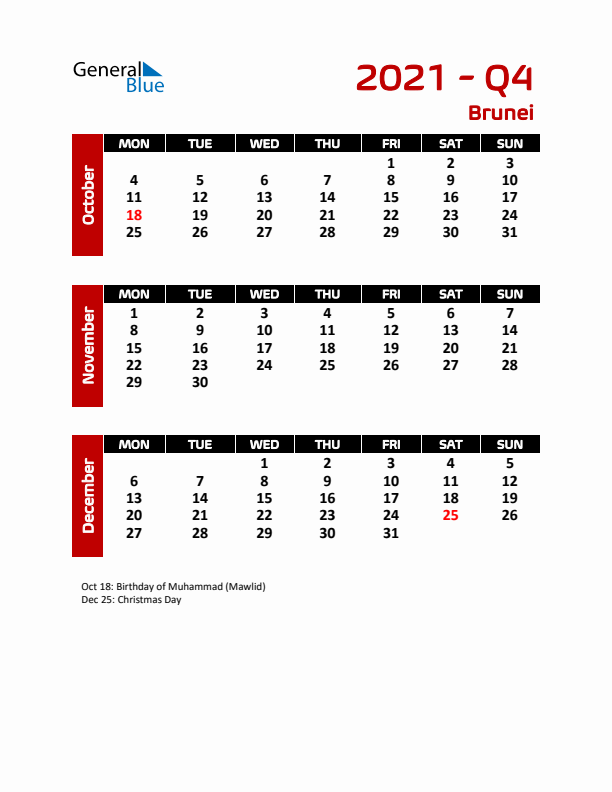 Q4 2021 Calendar with Holidays in Brunei