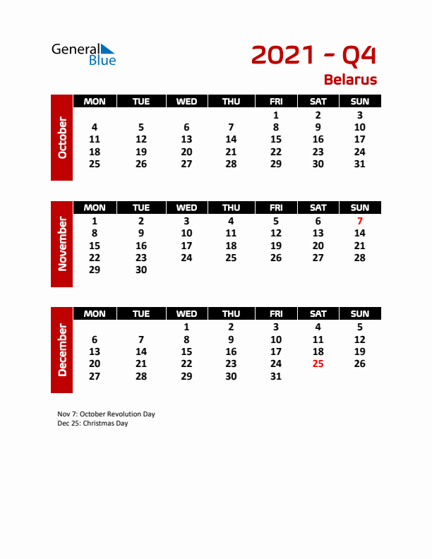 Q4 2021 Calendar with Holidays in Belarus