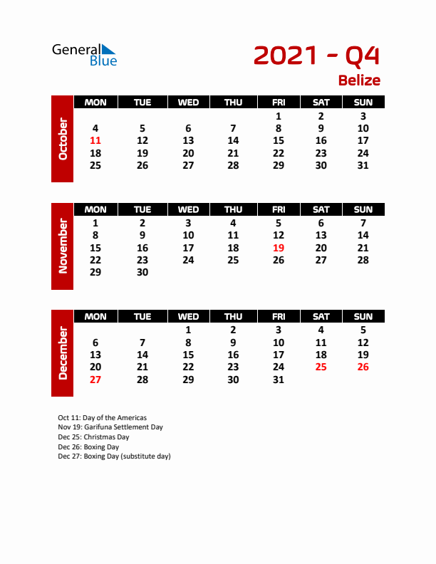 Q4 2021 Calendar with Holidays in Belize