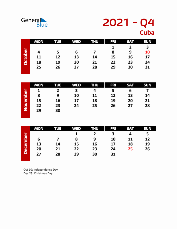 Q4 2021 Calendar with Holidays in Cuba