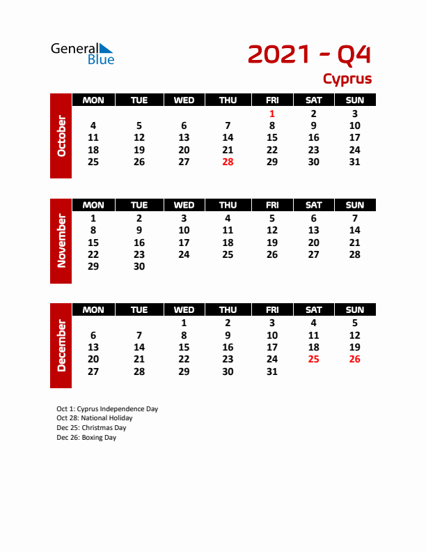 Q4 2021 Calendar with Holidays in Cyprus