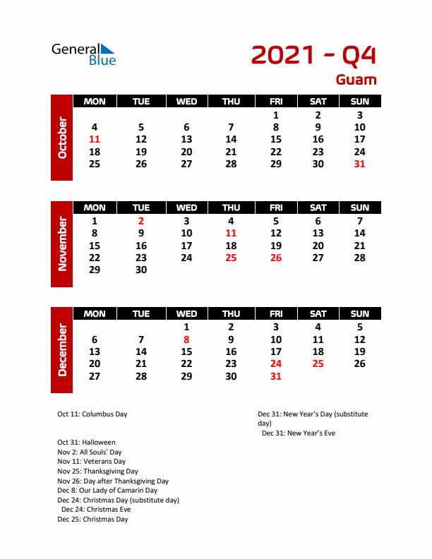 Q4 2021 Calendar with Holidays in Guam