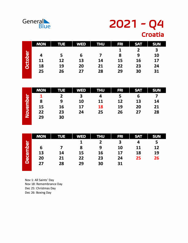 Q4 2021 Calendar with Holidays in Croatia