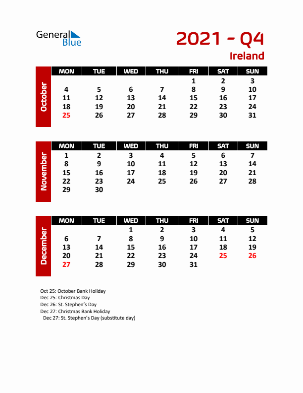 Q4 2021 Calendar with Holidays in Ireland