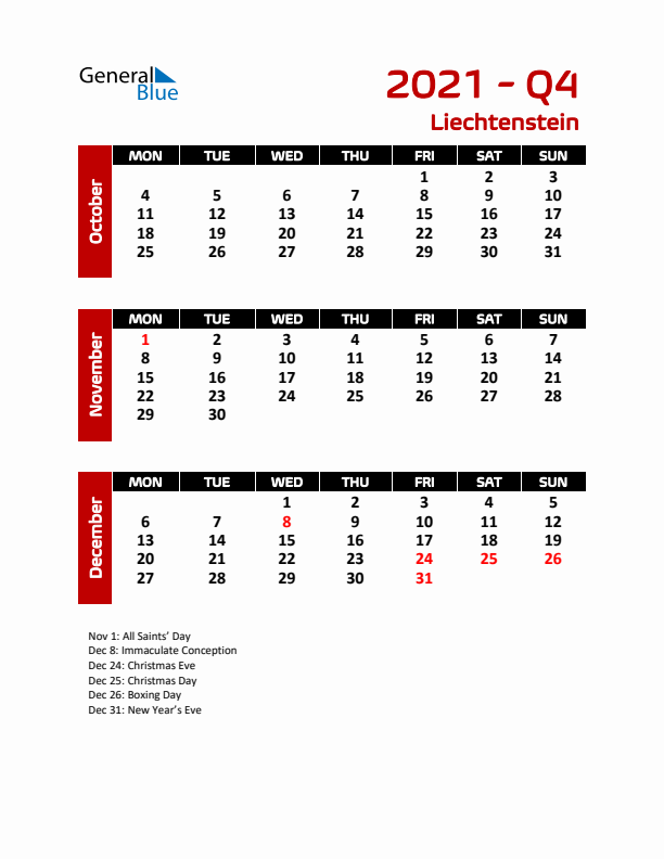 Q4 2021 Calendar with Holidays in Liechtenstein