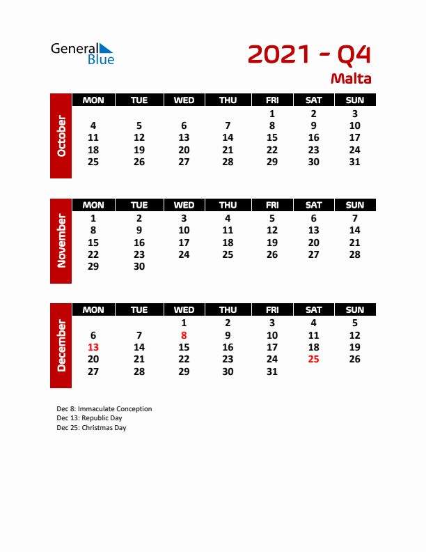 Q4 2021 Calendar with Holidays in Malta