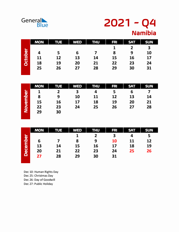 Q4 2021 Calendar with Holidays in Namibia