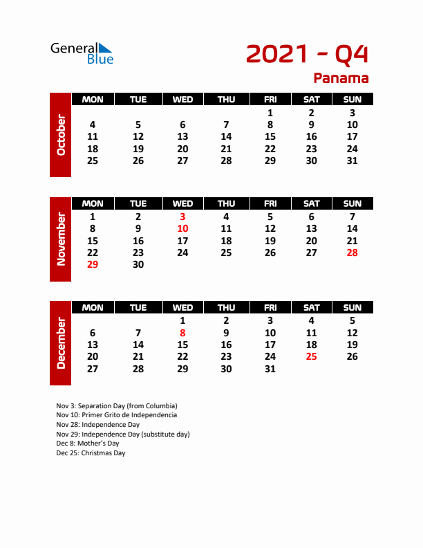 Q4 2021 Calendar with Holidays in Panama