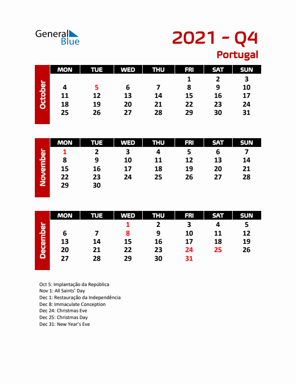 Q4 2021 Calendar with Holidays in Portugal