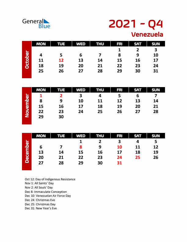 Q4 2021 Calendar with Holidays in Venezuela