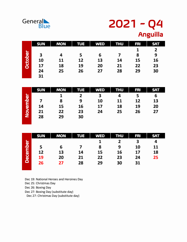 Q4 2021 Calendar with Holidays in Anguilla