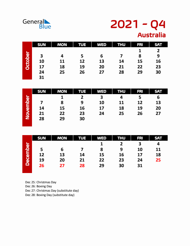 Q4 2021 Calendar with Holidays in Australia