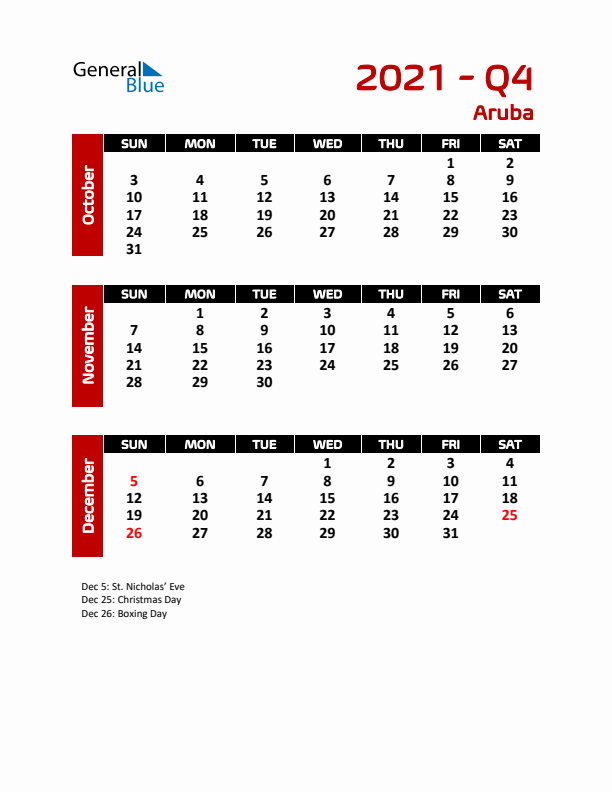 Q4 2021 Calendar with Holidays in Aruba