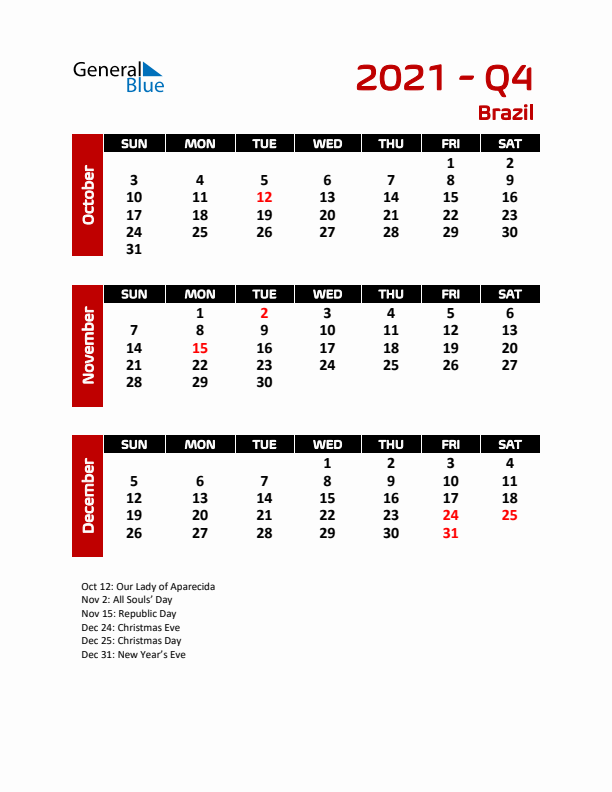 Q4 2021 Calendar with Holidays in Brazil