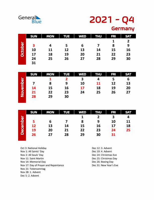 Q4 2021 Calendar with Holidays in Germany