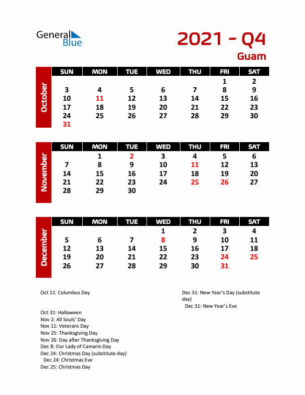 Q4 2021 Calendar with Holidays in Guam