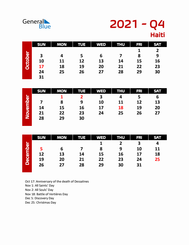 Q4 2021 Calendar with Holidays in Haiti