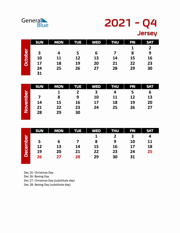 Q4 2021 Calendar with Holidays in Jersey