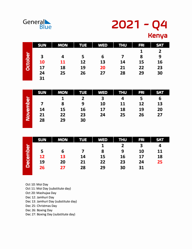 Q4 2021 Calendar with Holidays in Kenya