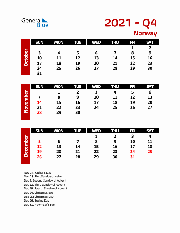 Q4 2021 Calendar with Holidays in Norway