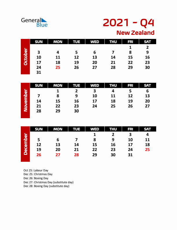 Q4 2021 Calendar with Holidays in New Zealand