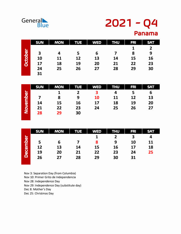 Q4 2021 Calendar with Holidays in Panama