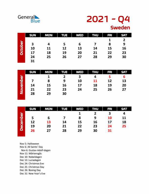 Q4 2021 Calendar with Holidays in Sweden