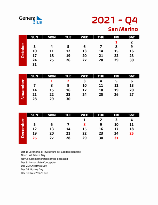 Q4 2021 Calendar with Holidays in San Marino