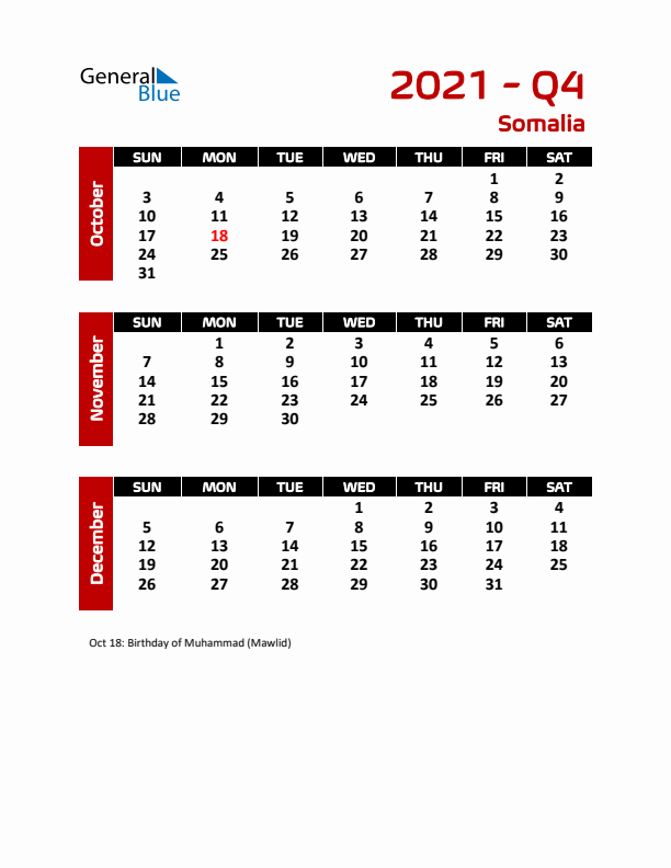 Q4 2021 Calendar with Holidays in Somalia