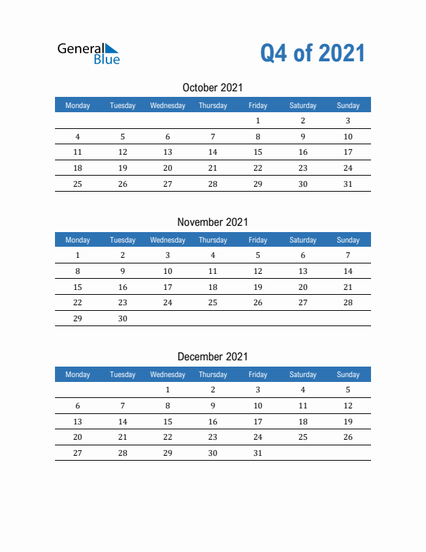 Fillable Quarterly Calendar for Q4 2021