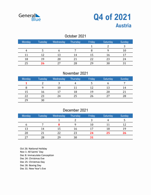 Austria Q4 2021 Quarterly Calendar with Monday Start